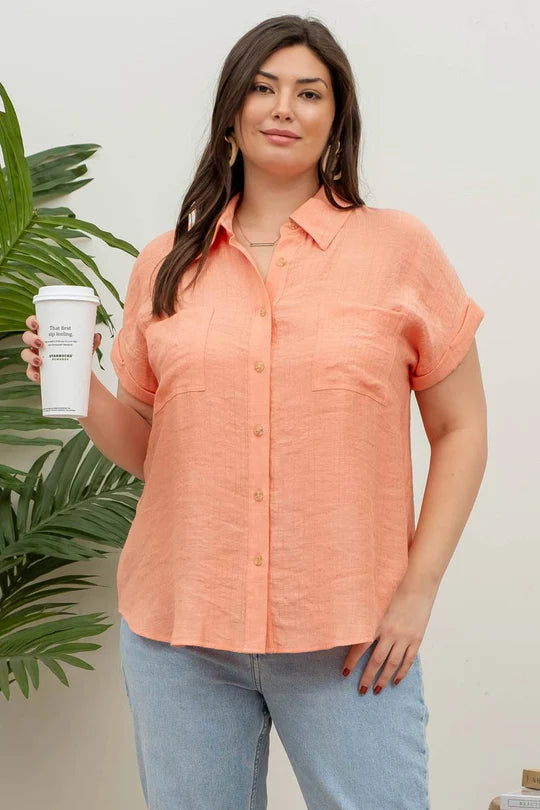Plus Size Dusty Peach Short Folded Sleeve Button Down Top