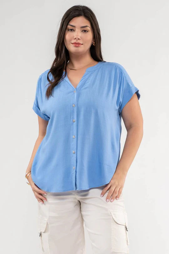 Plus Size Blue Short Roll Sleeve Button Down Shirt