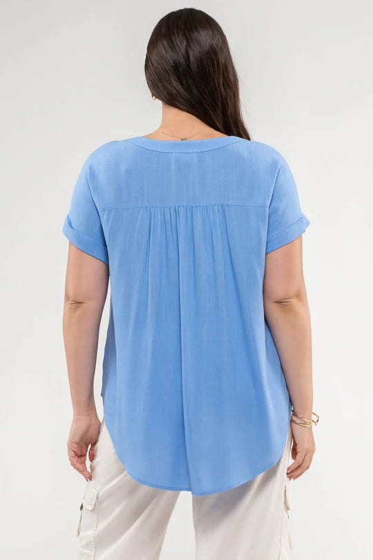 Plus Size Blue Short Roll Sleeve Button Down Shirt