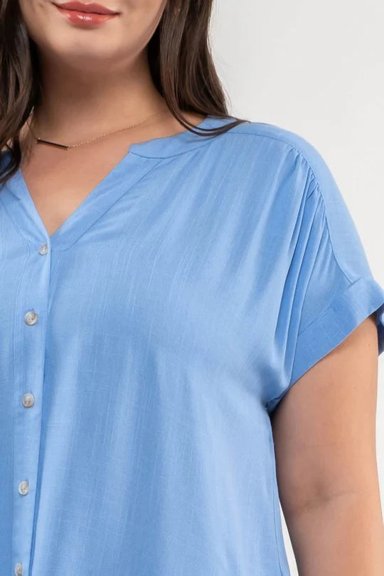 Plus Size Blue Short Roll Sleeve Button Down Shirt