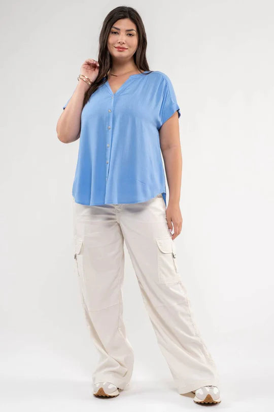 Plus Size Blue Short Roll Sleeve Button Down Shirt