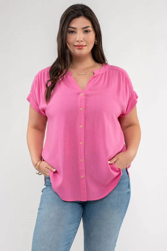 Plus Size Light Fuchsia Short Roll Sleeve Button Down Shirt