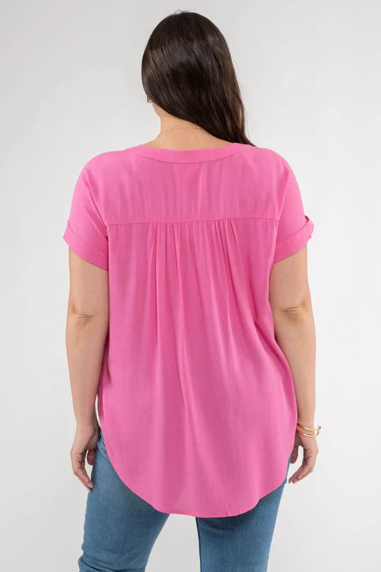 Plus Size Light Fuchsia Short Roll Sleeve Button Down Shirt