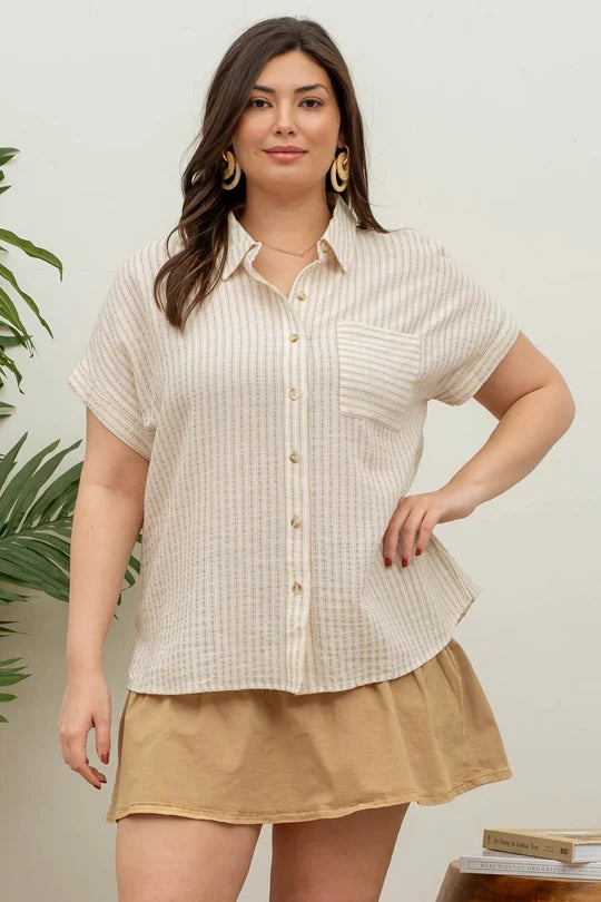 Plus Size Khaki Short Rolled Sleeve Striped Button Up Top