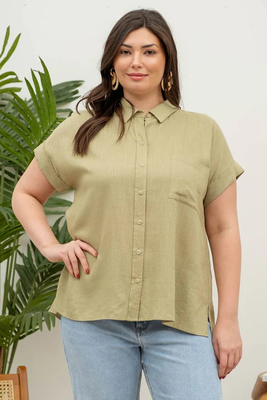 Plus Size Olive Green Short Rolled Sleeve Button Up Top