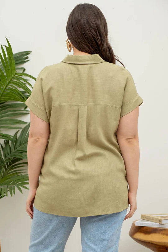 Plus Size Olive Green Short Rolled Sleeve Button Up Top