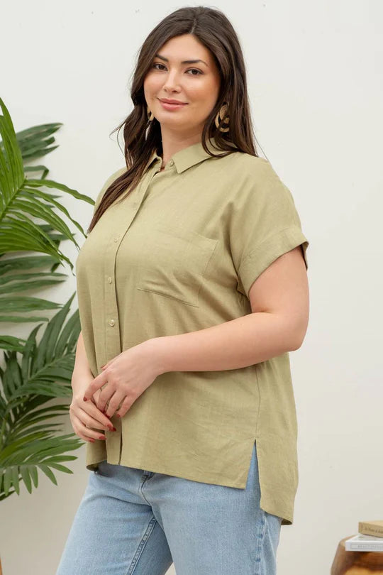 Plus Size Olive Green Short Rolled Sleeve Button Up Top