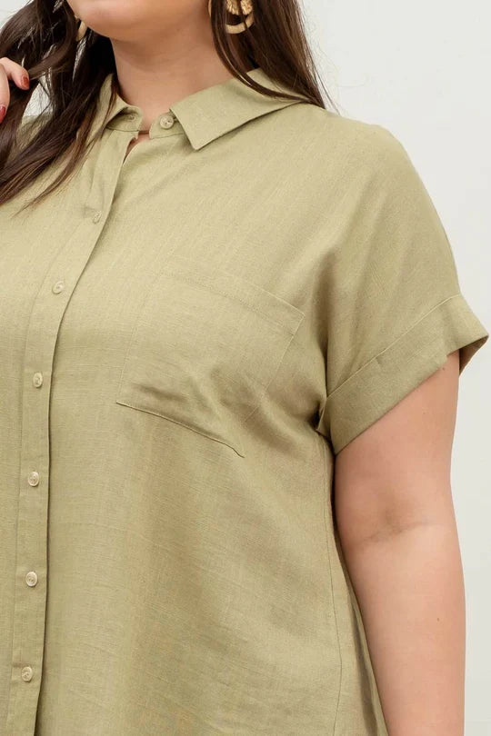 Plus Size Olive Green Short Rolled Sleeve Button Up Top