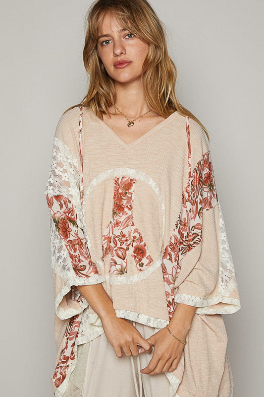 Peace Sign Patchwork and Lace Oversized V-Neck Top by POL