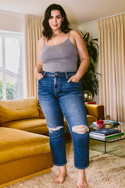 Plus Vintage High Rise Stretch Crop Straight Jean with Distressed Knees