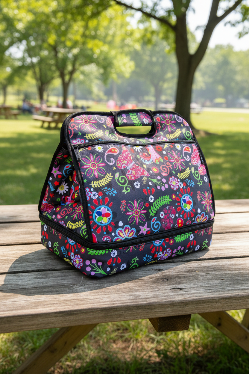 Colorful floral-patterned bag on a wooden picnic table with a park background
