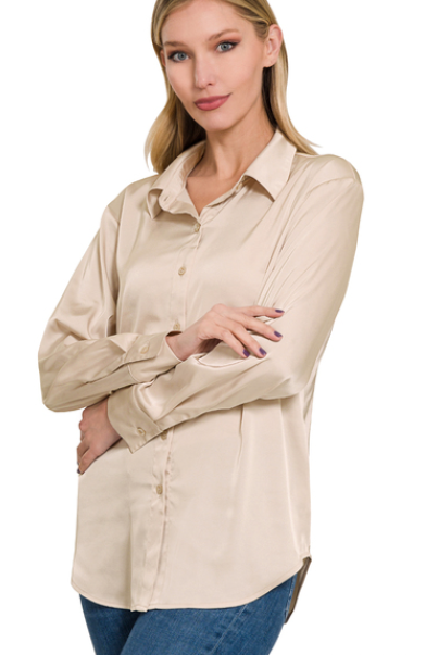 Champagne Sand Satin Button Down Blouse