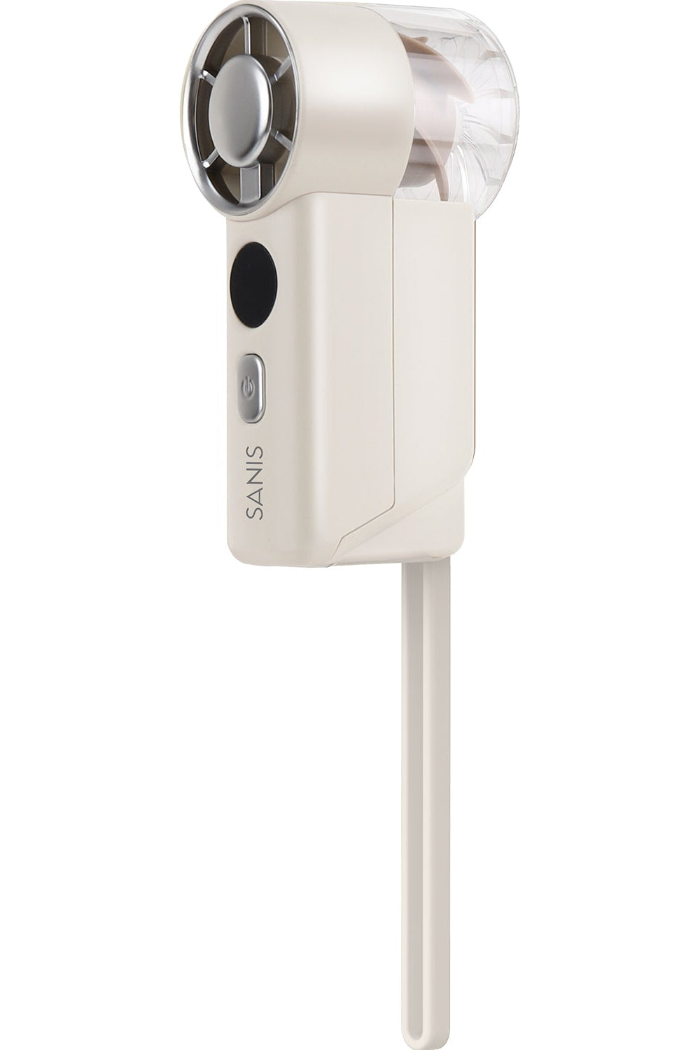 A beige SANIS handheld fan with a hand strap, featuring a digital speed display and a power button on the front.