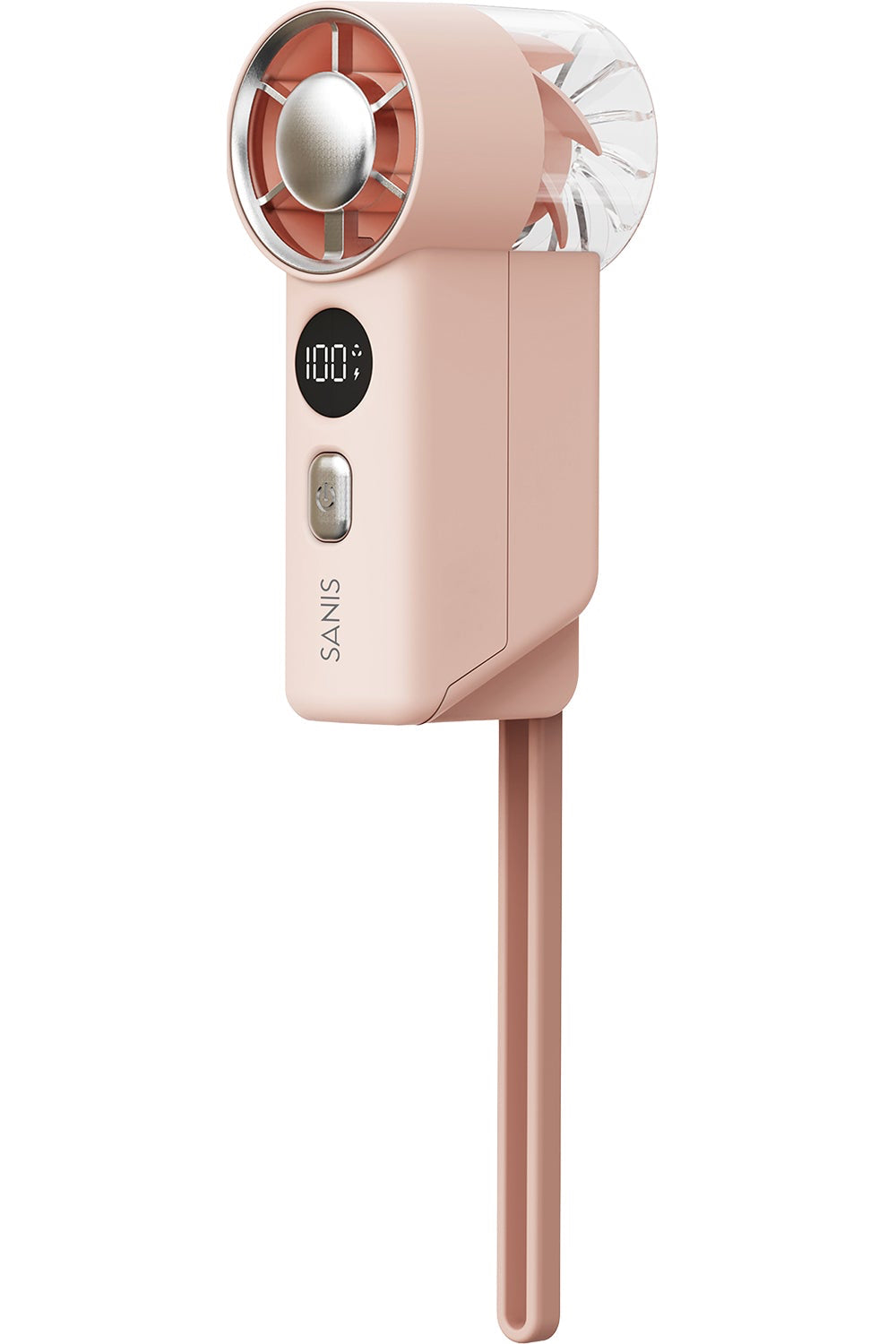 A pink SANIS handheld fan with a hand strap, featuring a digital speed display and a power button on the front.
