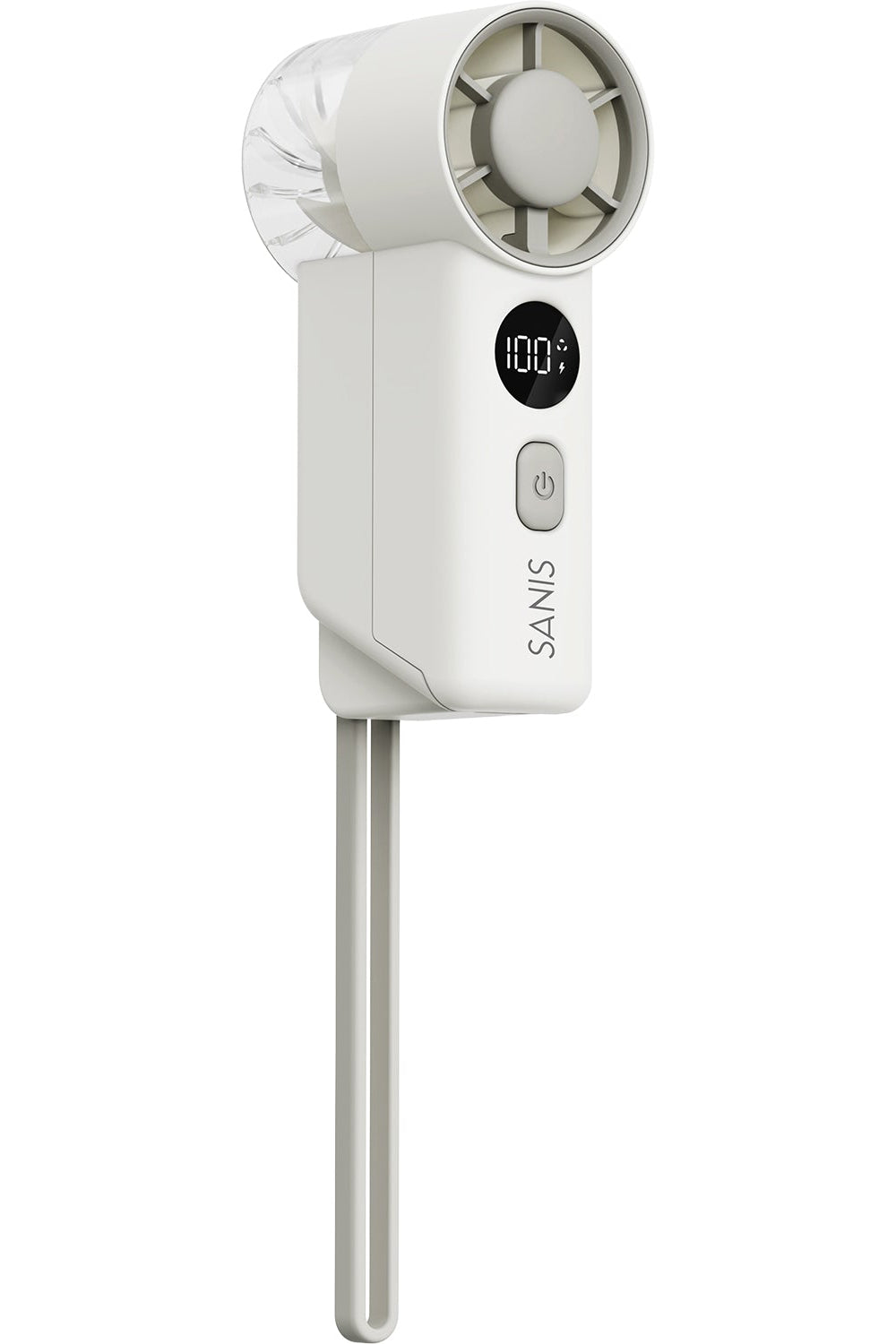 A white SANIS handheld fan with a hand strap, featuring a digital speed display and a power button on the front.
