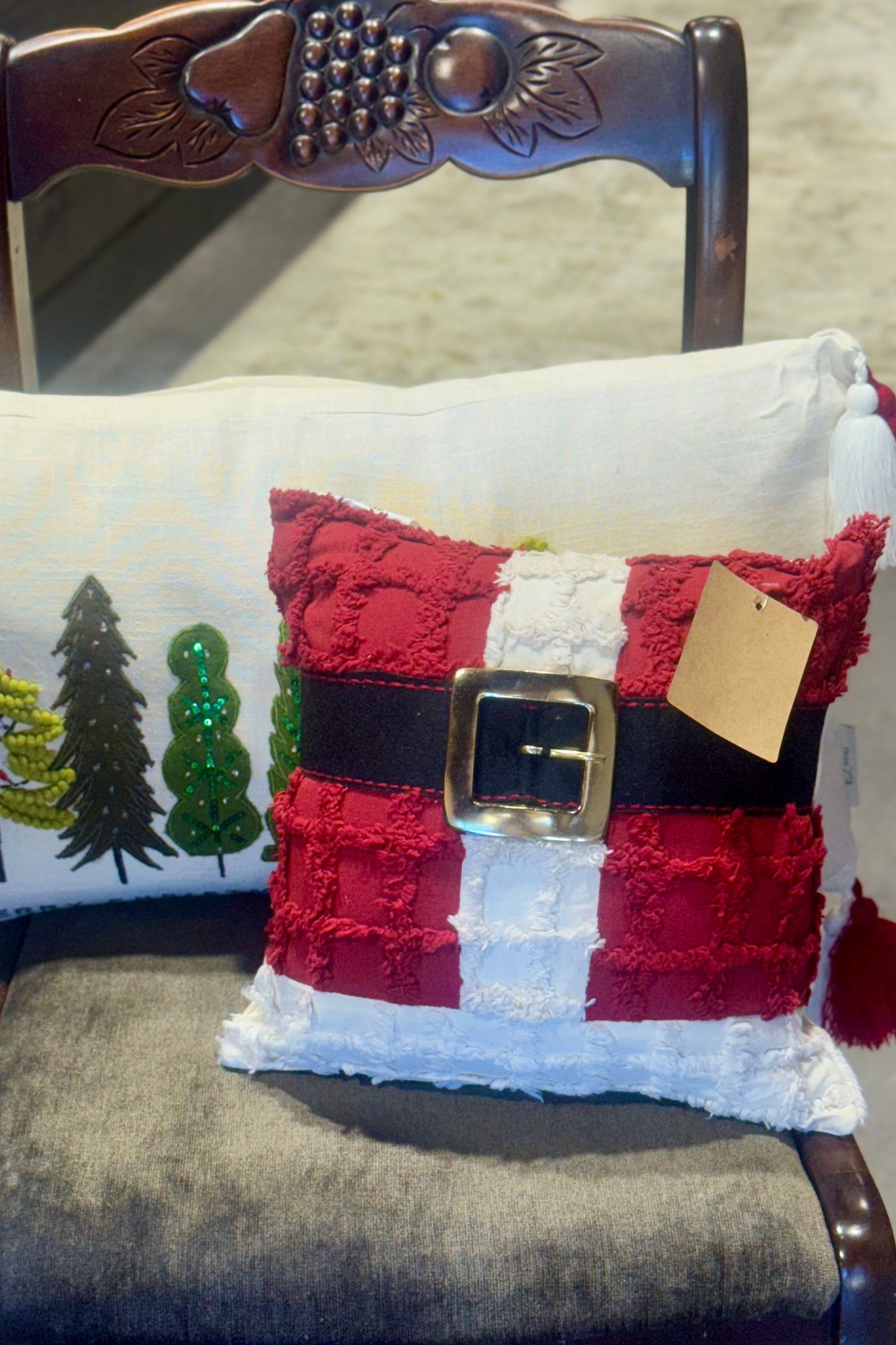 Santa Suit Square Pillow 12 x 12 on chair