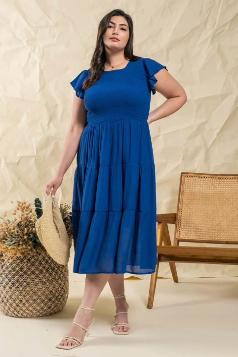 Plus Royal Blue Smocked Tiered Midi Dress