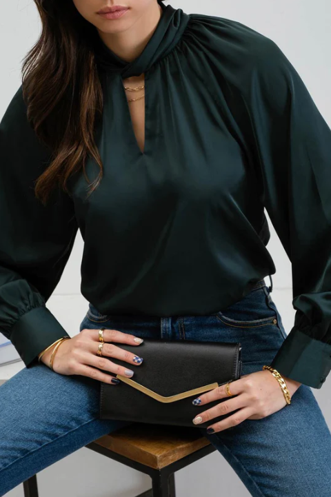 Hunter Green Satin Blouse with Twisted Keyhole Neckline