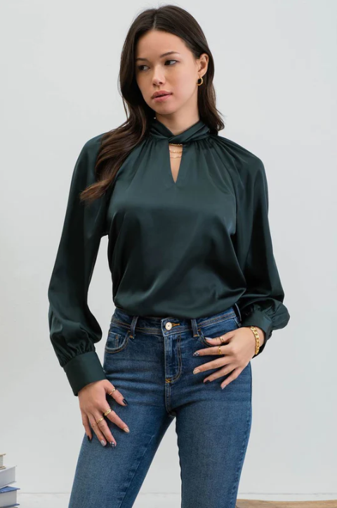 Hunter Green Satin Blouse with Twisted Keyhole Neckline