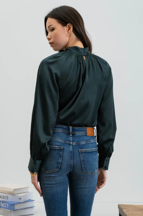 Hunter Green Satin Blouse with Twisted Keyhole Neckline