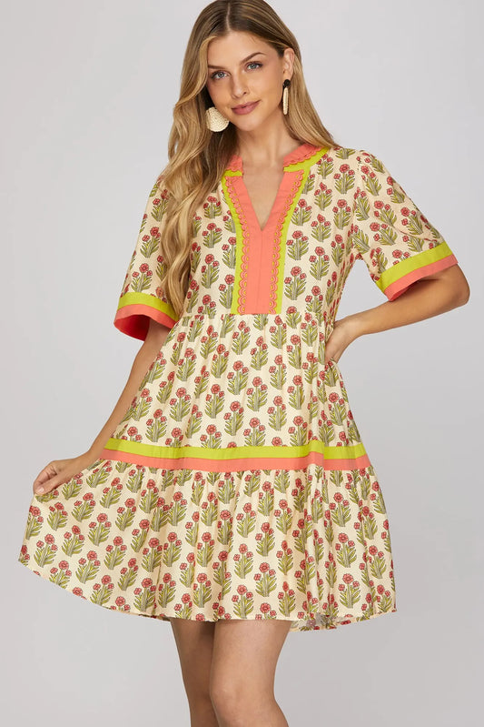 She + sky Coral Garden Short Sleeve Tiered Short Dress
