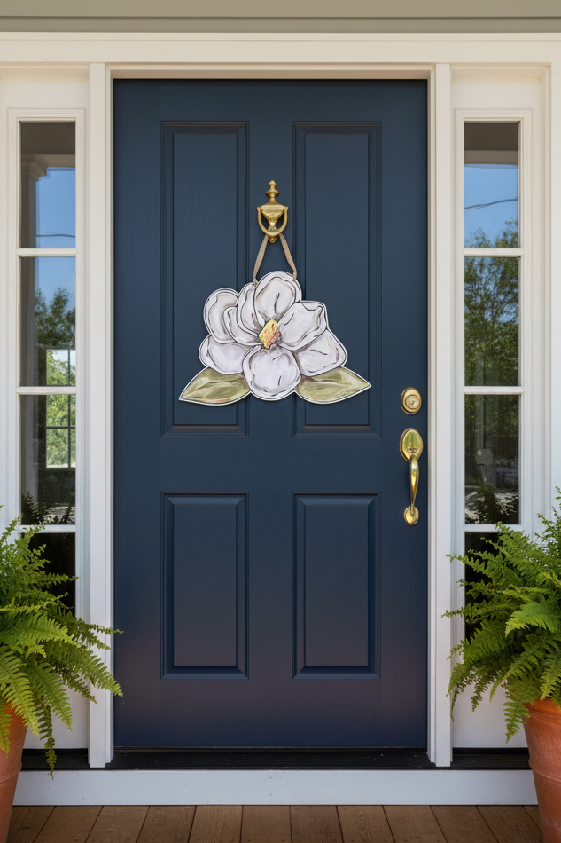 Blue front door with decorative white flower design, flanked by potted ferns on a wooden deck.