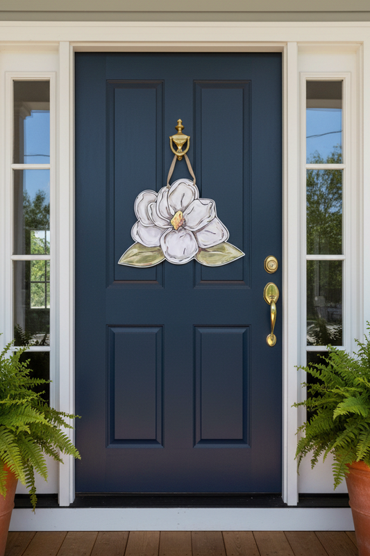 Blue front door with decorative white flower design, flanked by potted ferns on a wooden deck.