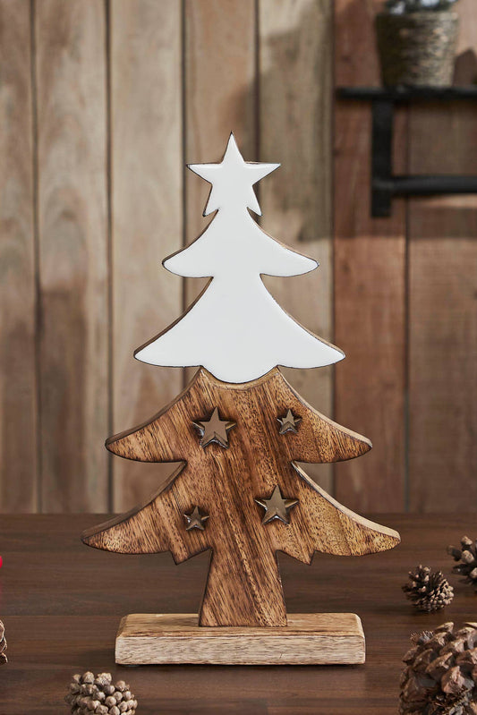 Wooden Christmas tree decoration with stars on a wooden surface.