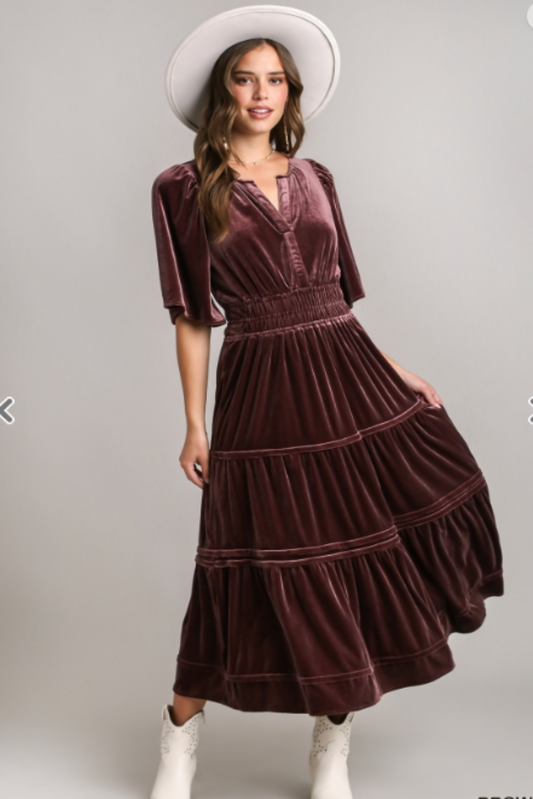 Umgee Brown Velvet Tiered Midi Dress with Flowy Sleeve