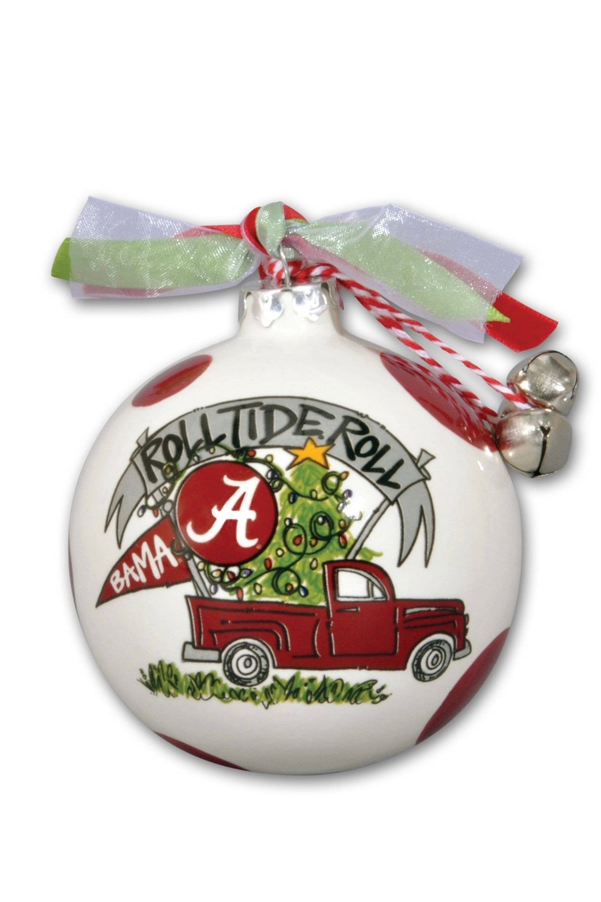 A round Christmas ornament with a white background featuring a red truck, Christmas trees, and the University of Alabama logo. It has a red ribbon at the top for hanging.