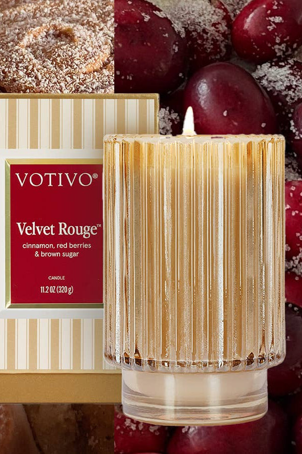 Votivo Velvet Rouge candle with packaging surrounded by sugared cranberries and donuts.  Velvet Rouge Holiday Candle- 11.2 oz