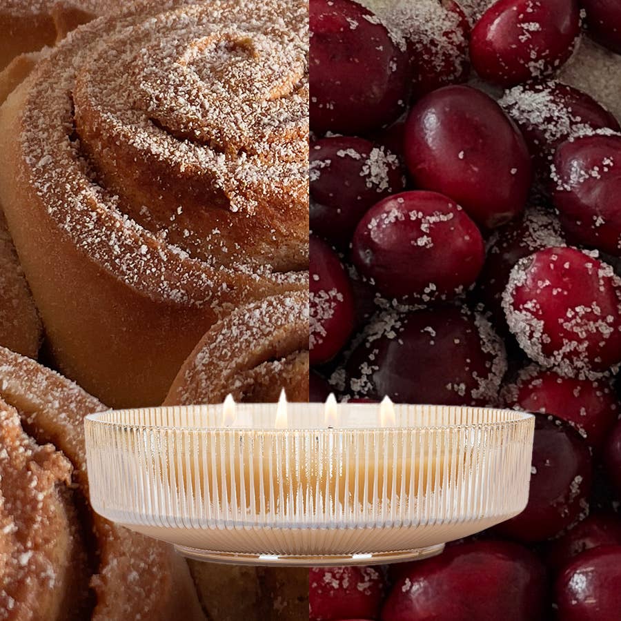 Cinnamon roll and sugared cranberries with a candle in the center. Velvet Rouge Holiday Multi-Wick Candle- 26.4 oz