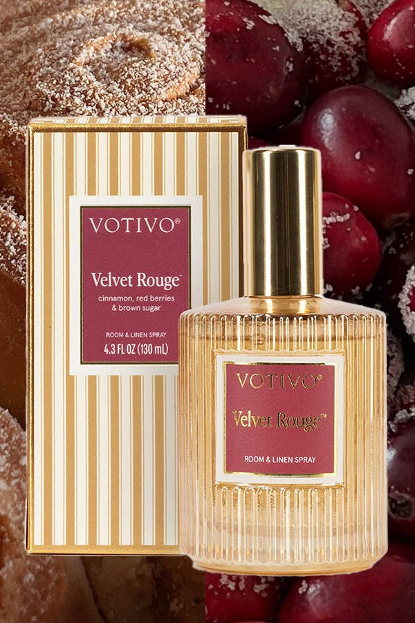 Votivo Velvet Rouge room and linen spray surrounded by sugared cranberries and cookies. Velvet Rouge Room & Linen Spray- 4.3 fl oz