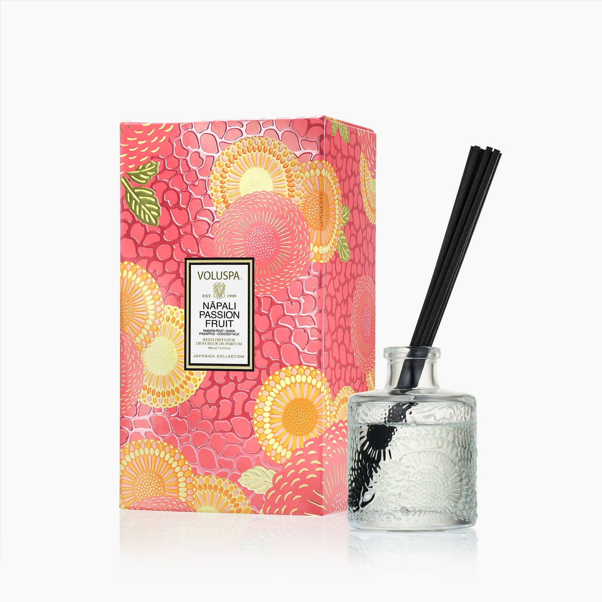 Volluspa diffuser with floral packaging on a white background
