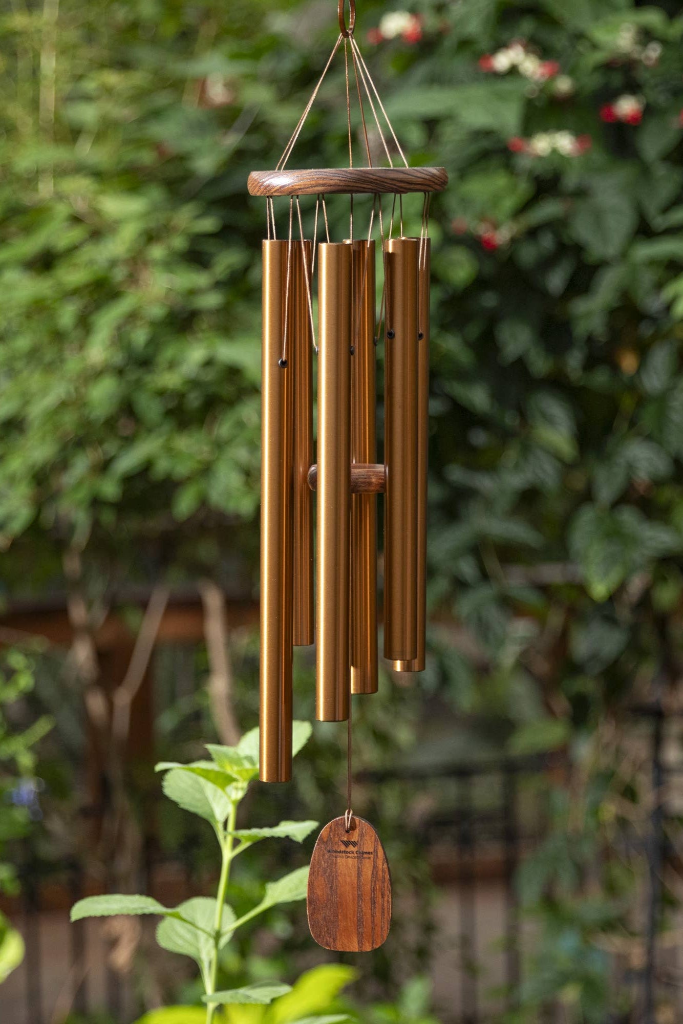 Bronze wind chime hanging among greenery