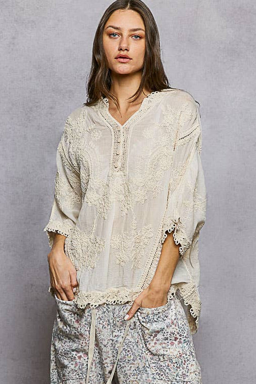 POL V-neck Short Sleeve Floral Embroidered Crochet Blouse- One Size