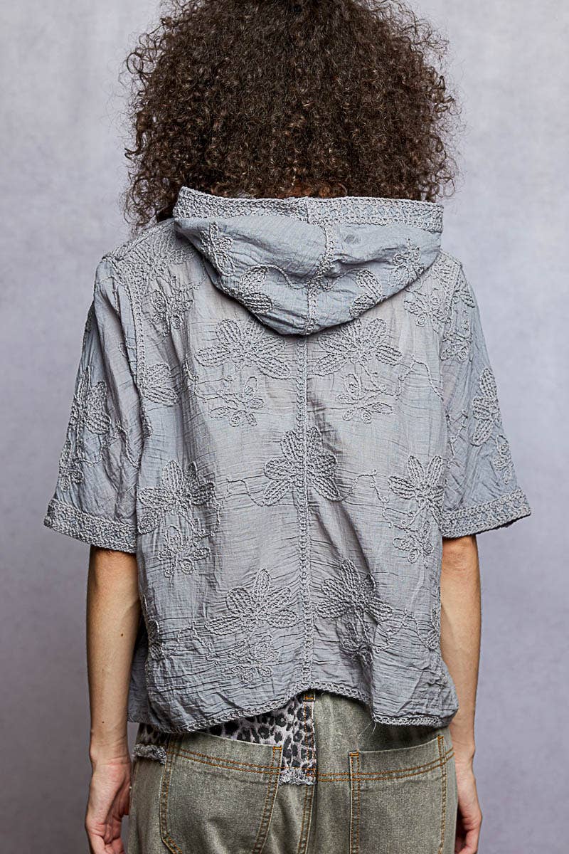 Gray POL Short Sleeve Floral Embroidery Crochet Top