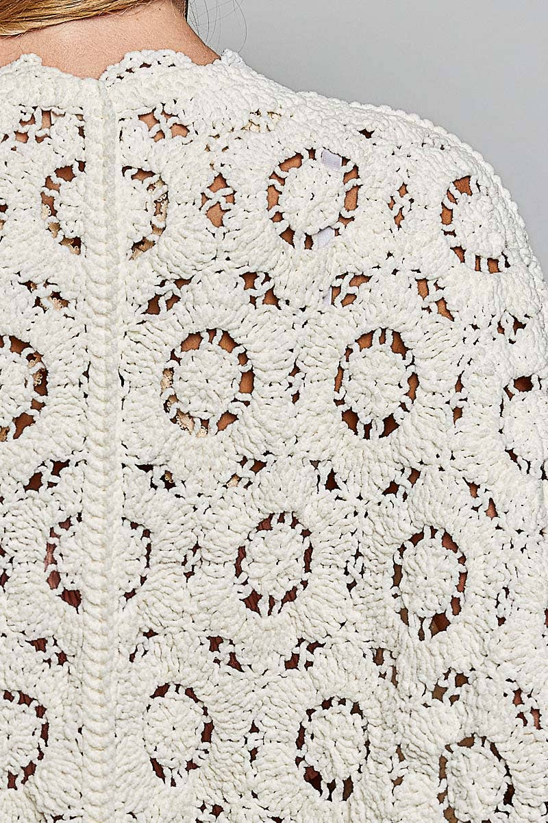 POL Cream Long Sleeve V Neck Floral Pattern Crochet Chenille Cardigan: One Size