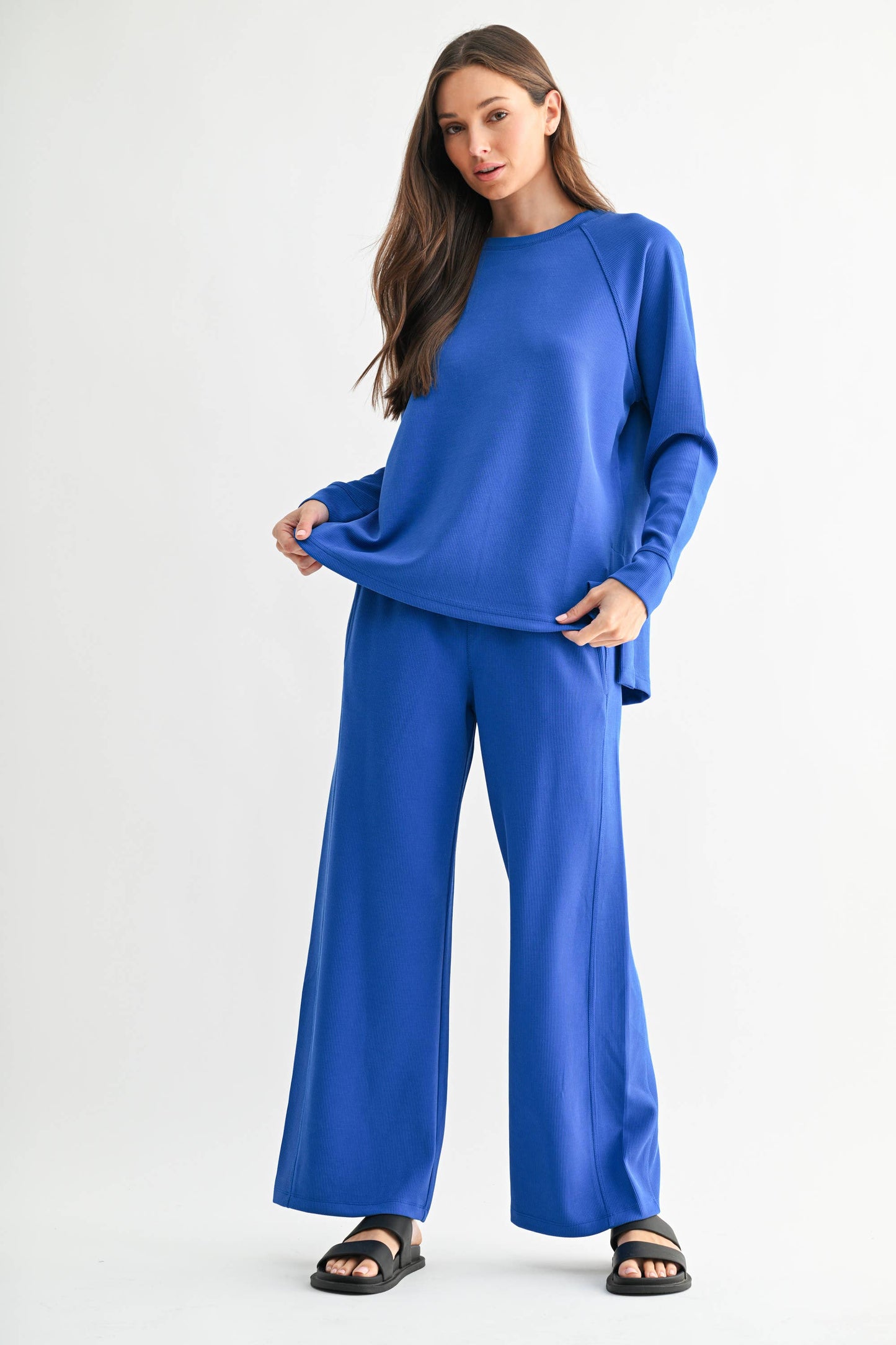 Deep Indigo Luxe Sand Wash Rib Raglan Long Sleeve Tee