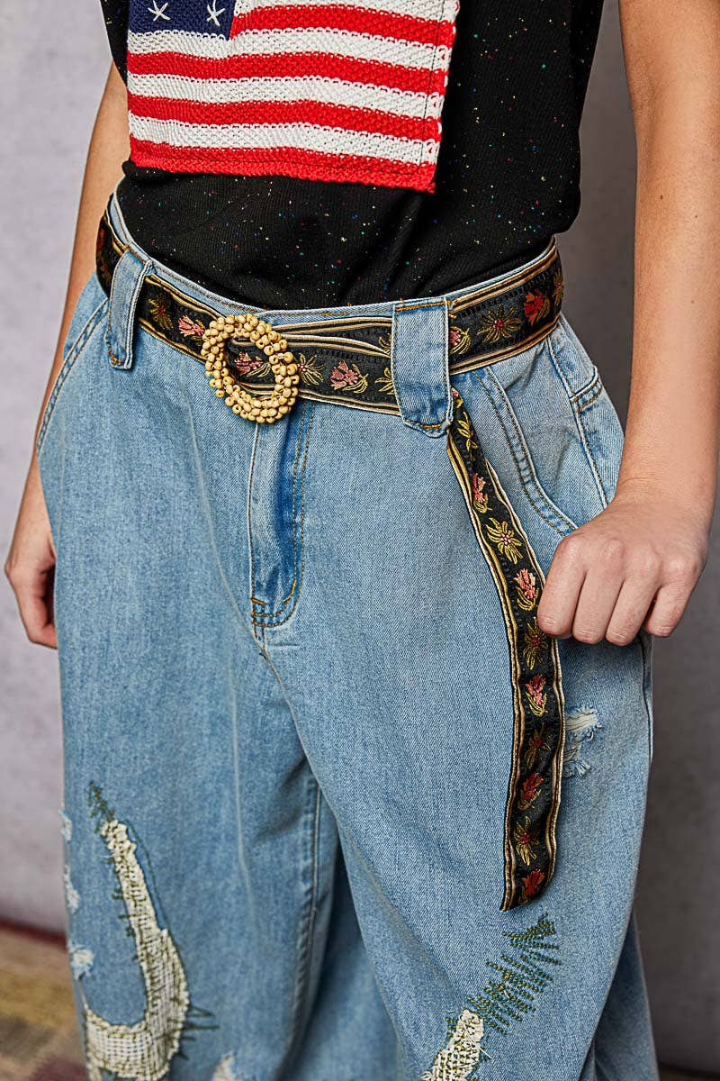 POL Black & Tan Beaded Striped Floral Belt- One Size
