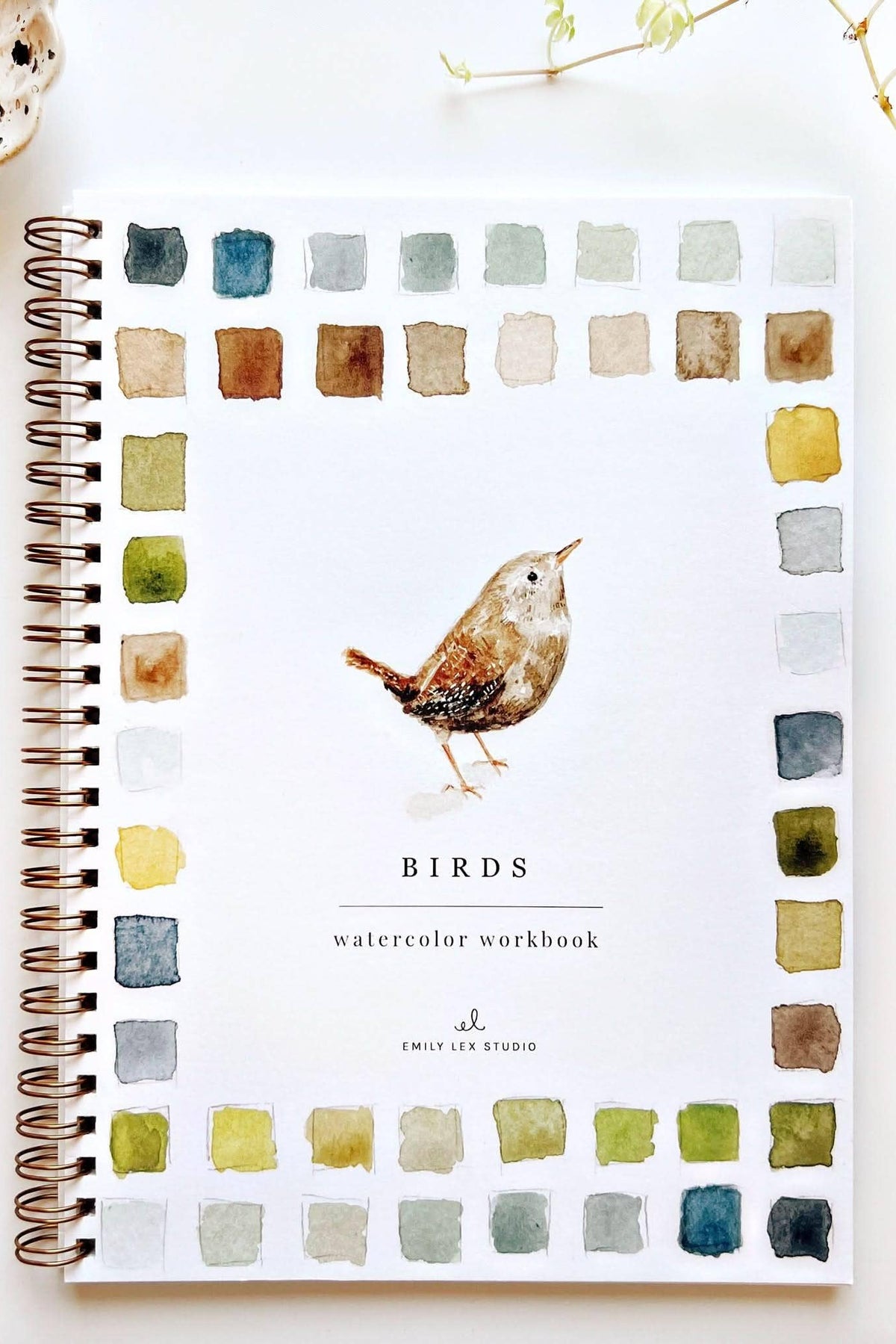 A spiral-bound watercolor workbook titled 'BIRDS' by Emily Lee Studio, featuring a watercolor bird illustration and a border of watercolor swatches, styled on a white surface with a paintbrush and a small dish.