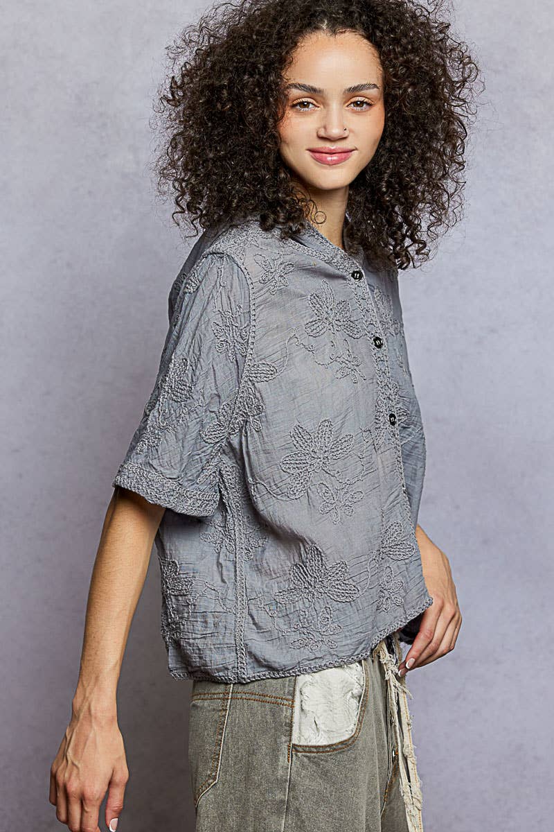 Gray POL Short Sleeve Floral Embroidery Crochet Top