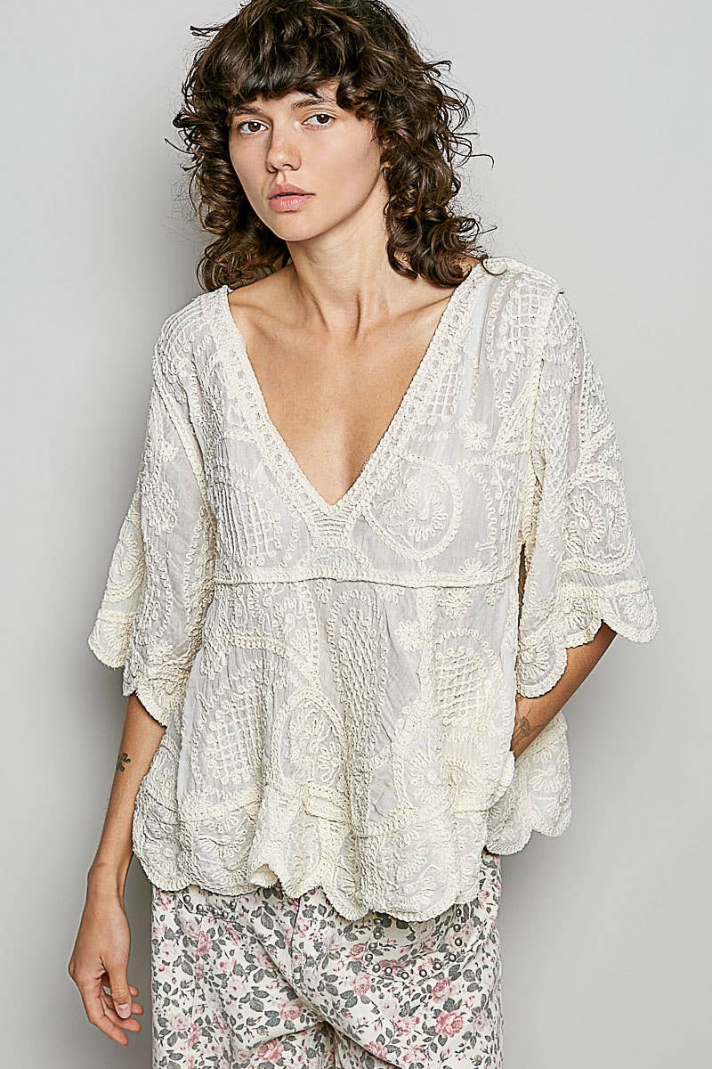 POL Short Sleeve V-neck Vintage Wash Crochet Top in Natural- One Size