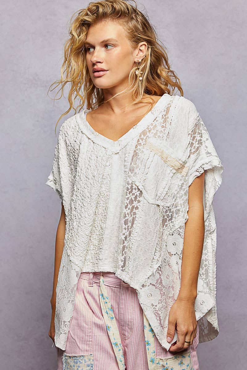 POL Patchwork Lace Oversized V-Neck Raw Edge Top in Natural