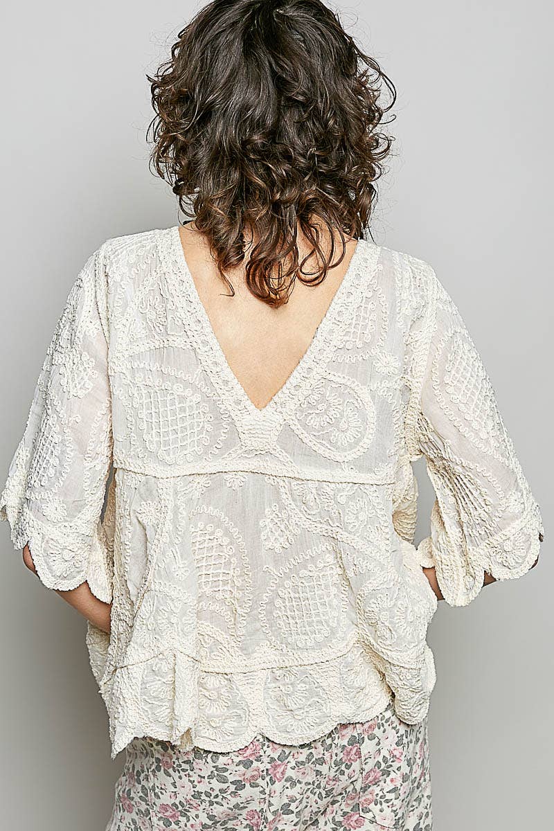 POL Short Sleeve V-neck Vintage Wash Crochet Top in Natural- One Size