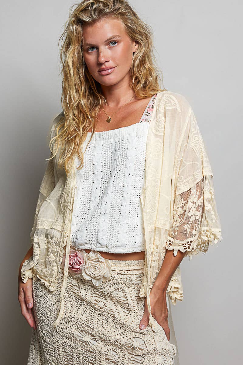 POL 1/2 Sleeve Lace Ruffle Trim Crochet Cardigan in Natural