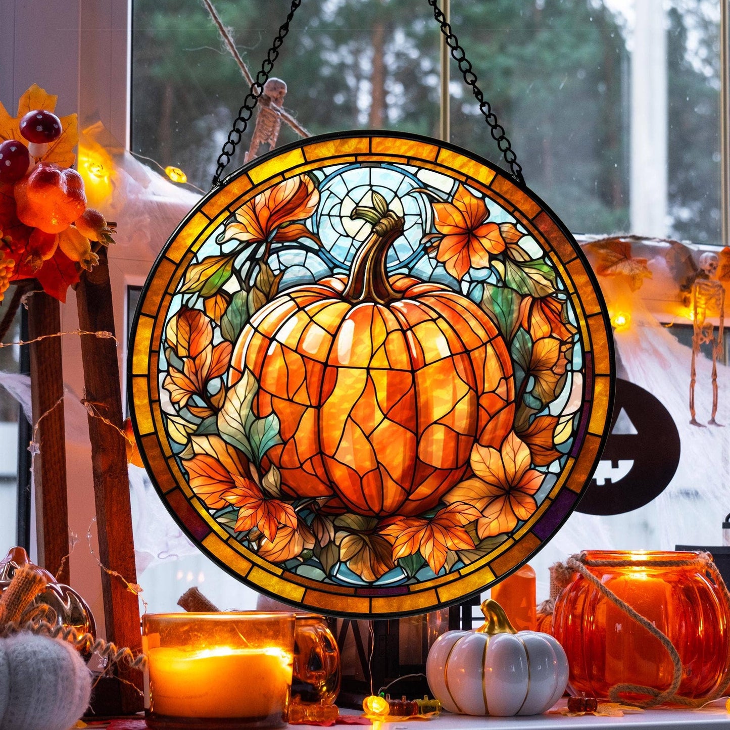 Halloween Stained Glass Suncatcher, Pumpkin Window Hanging: 9.8in