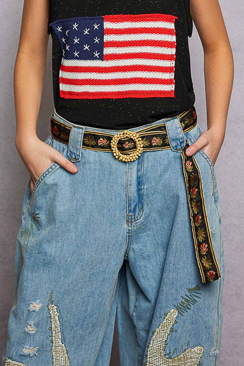 POL Black & Tan Beaded Striped Floral Belt- One Size