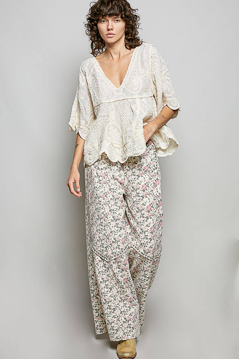 POL Short Sleeve V-neck Vintage Wash Crochet Top in Natural- One Size