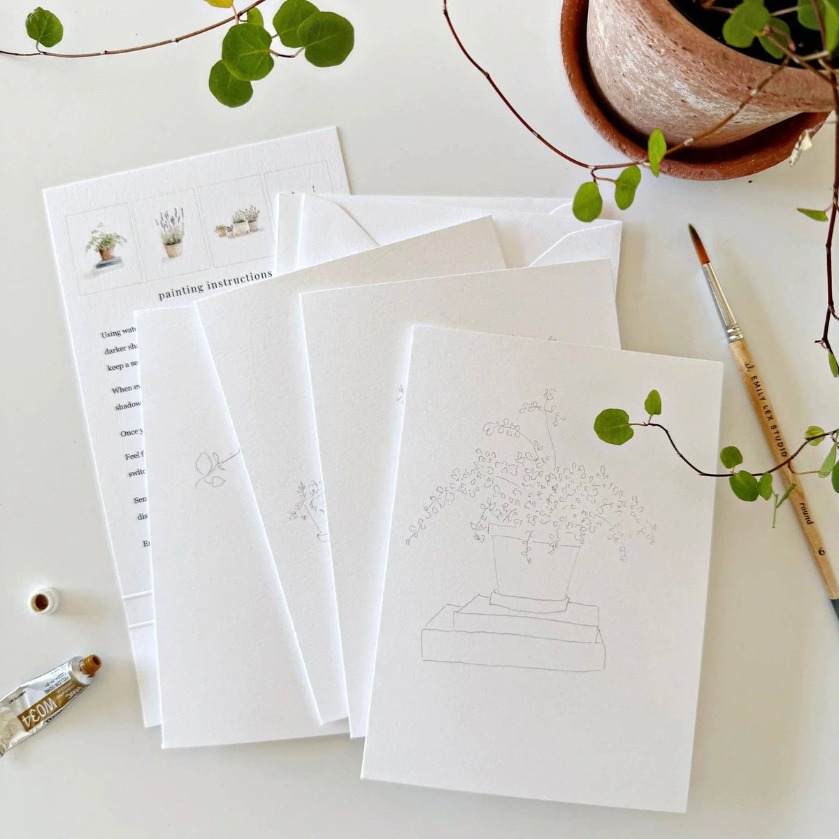 Potted Plants Paintable Watercolor Notecard Set of 8- Emily Lex Studio